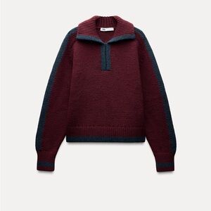Zara Burgundy and Navy Zip-Up Sweater